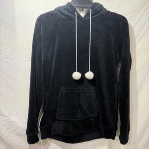 Elegant Black Fleece Hoodie with Pom-Poms & Ears on Hood Size S